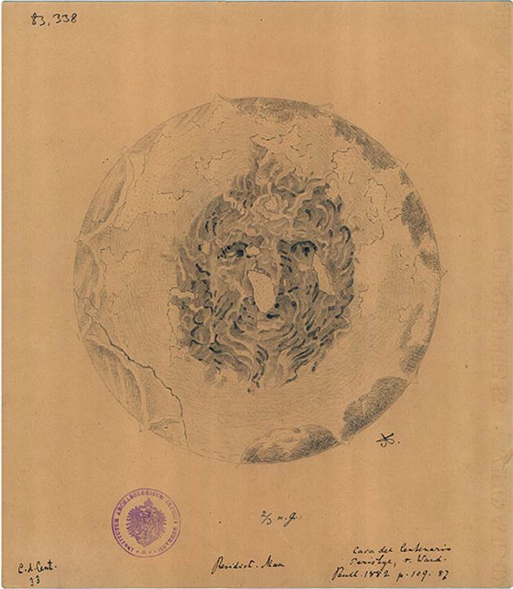 IX.8.6 Pompeii. Drawing of head of Eurus, the east wind, or Notus (Auster), the south wind, from peristyle.
See BdI, 1882, p. 109, no.87.
DAIR 83.338. Photo © Deutsches Archäologisches Institut, Abteilung Rom, Arkiv.
See http://arachne.uni-koeln.de/item/marbilderbestand/236082
