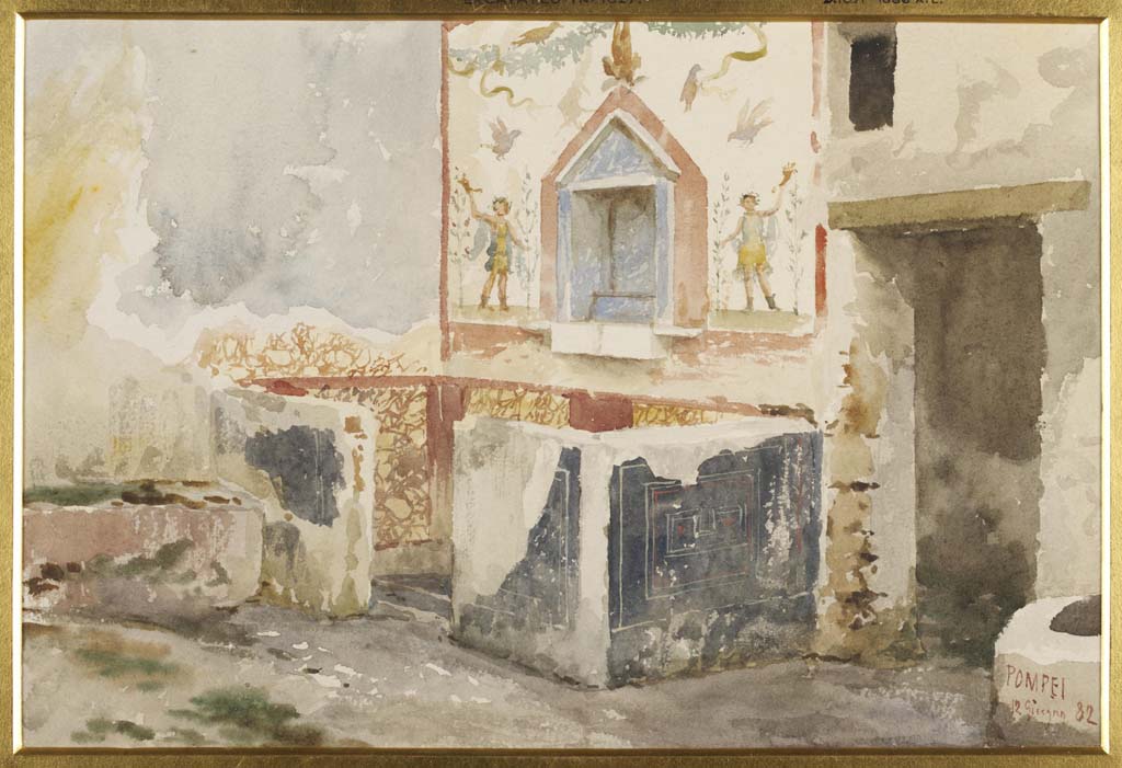 IX.8.6/a Pompeii. Photo dated May 1886. Lararium in kitchen area of House of the Centenary.
The Bacchus painting has been removed.
Photo courtesy of Society of Antiquaries. Fox Collection.

