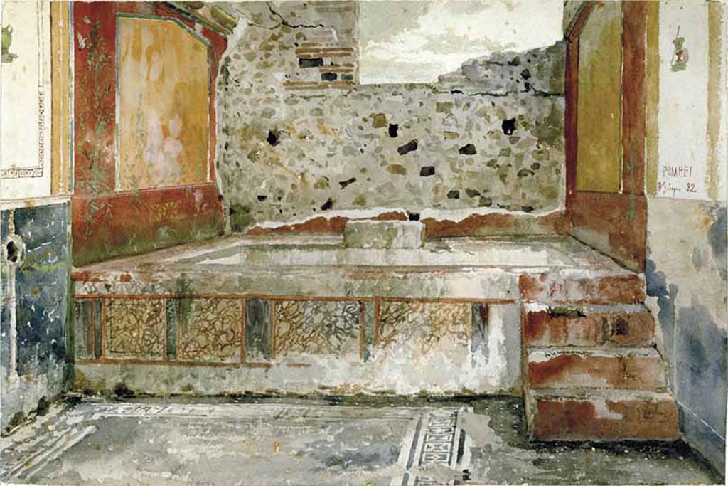IX.8.6 Pompeii. 8th June 1882. Watercolour by Luigi Bazzani. Room 31, frigidarium, looking south towards steps to pool.
Now in Naples Archaeological Museum, inventory number 139479.
