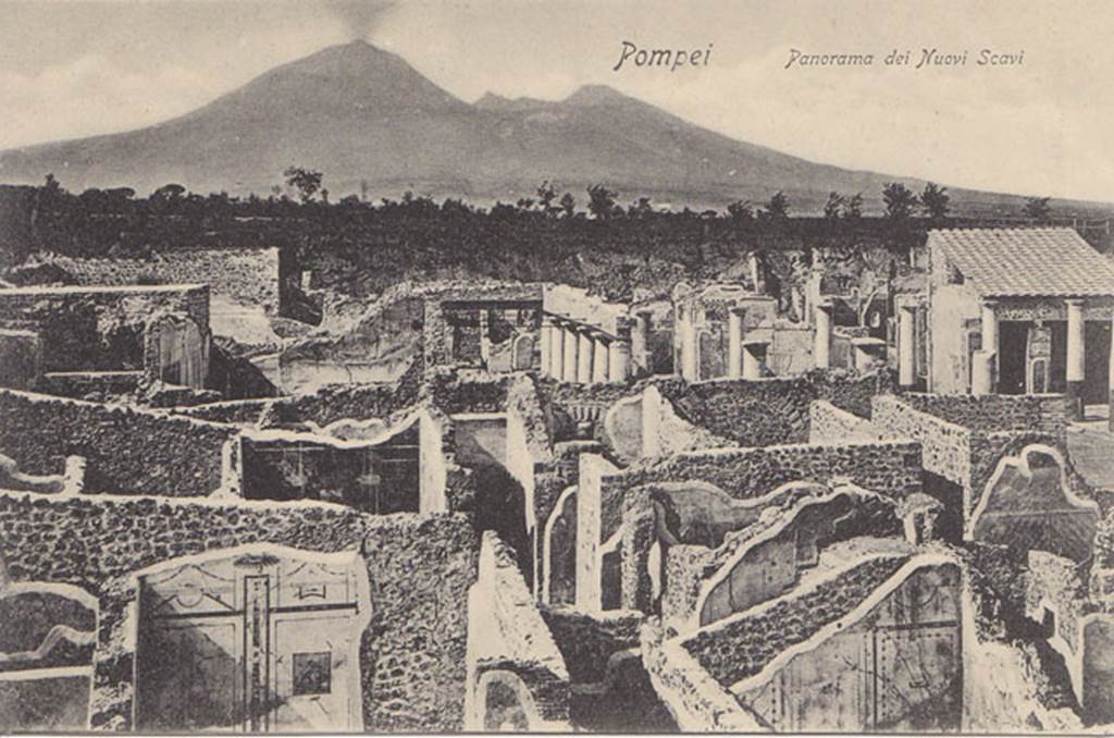 IX.8.c Pompeii. Old undated postcard. Looking north from the top of the unexcavated area. 
IX.8.c is at the front of the photo. Behind is IX.8.b and at the rear is the House of the Centenary. Photo courtesy of Drew Baker.
