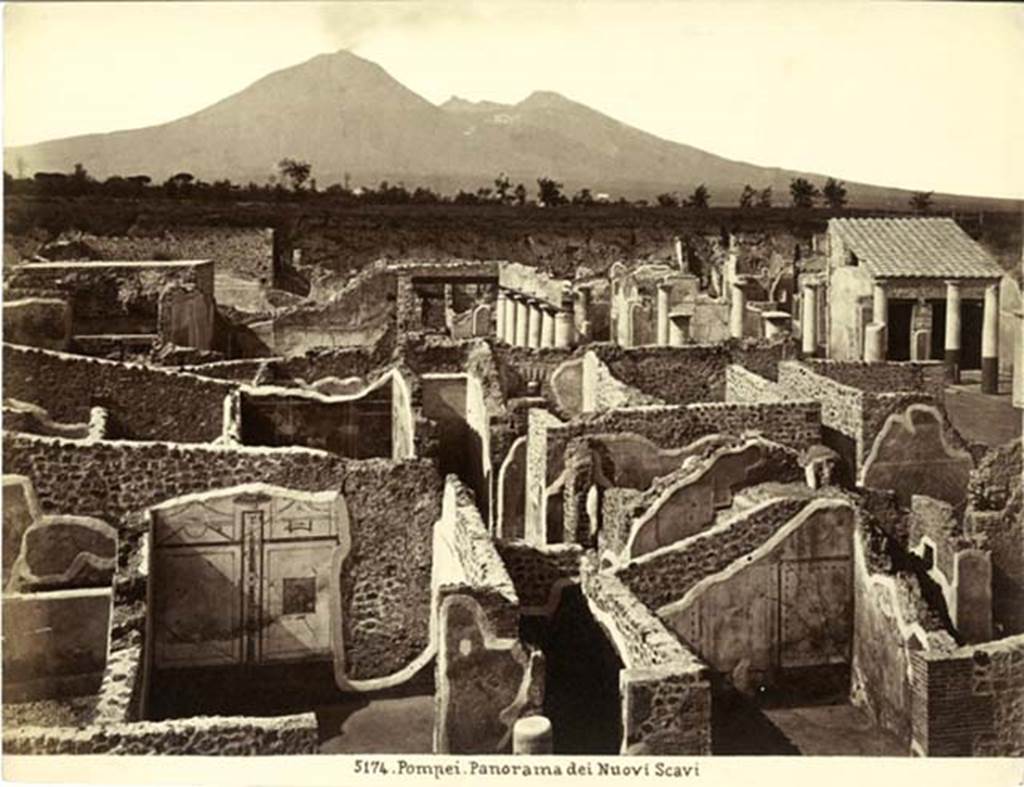 IX.8.c Pompeii. 19th century postcard. Looking north from the top of the unexcavated area. 
IX.8.c is at the front of the photo. Behind is IX.8.b and at the rear is the House of the Centenary.  Photo courtesy of Rick Bauer.
