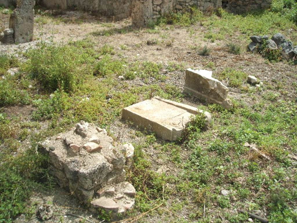 IX.8.c Pompeii. May 2005. Site of east portico, with remains on one of the brick pillars. Looking south-east towards doorway to triclinium, on upper left of photo. According to Jashemski, the peristyle garden was enclosed on the west, north and east by a portico. The portico was supported by five stuccoed brick columns and two pillars. There was a terracotta puteal in the east portico. Under the west portico was a small masonry basin with a low base. See Jashemski, W. F., 1993. The Gardens of Pompeii, Volume II: Appendices. New York: Caratzas. (p.245)
