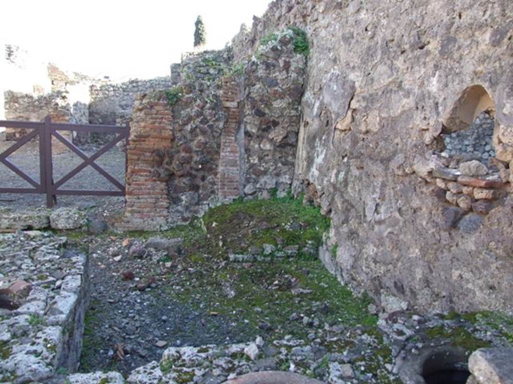 IX.9.1 Pompeii. March 2009. Looking south from counter towards rear of thermopolium and masonry structure which Sogliano thought was perhaps a hearth. 

