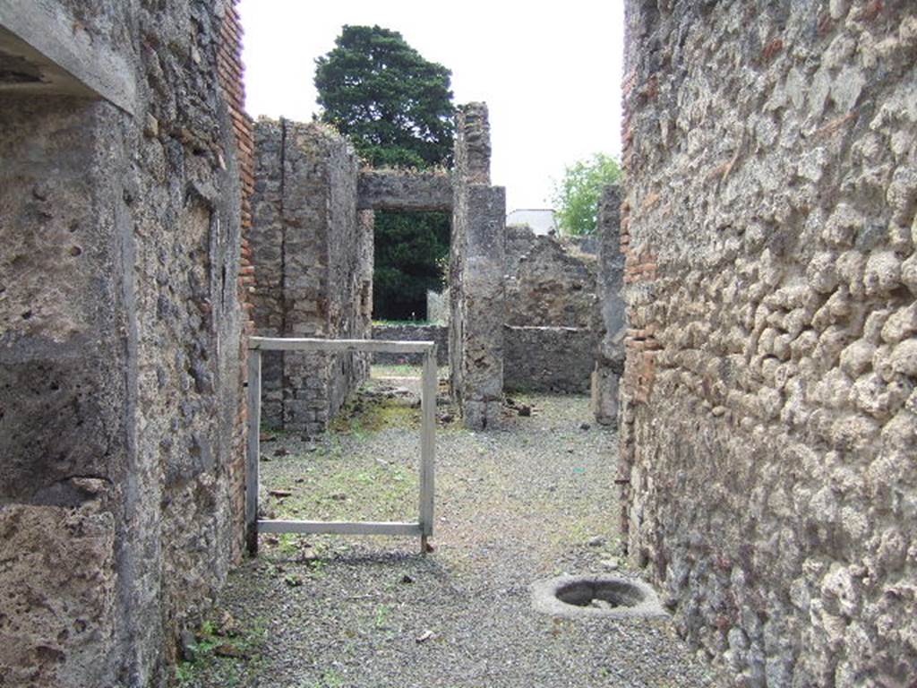 IX.9.6 Pompeii. May 2006. Looking south from entrance corridor to atrium, corridor to rear and tablinum. According to NdS, the walls of the corridor when found were rather rustic.
The corridor led to the atrium, which did not have an impluvium. The walls of the atrium, similar to those in the corridor, only had remains of rustic plaster. 
See Notizie degli Scavi, 1889, p.122.

