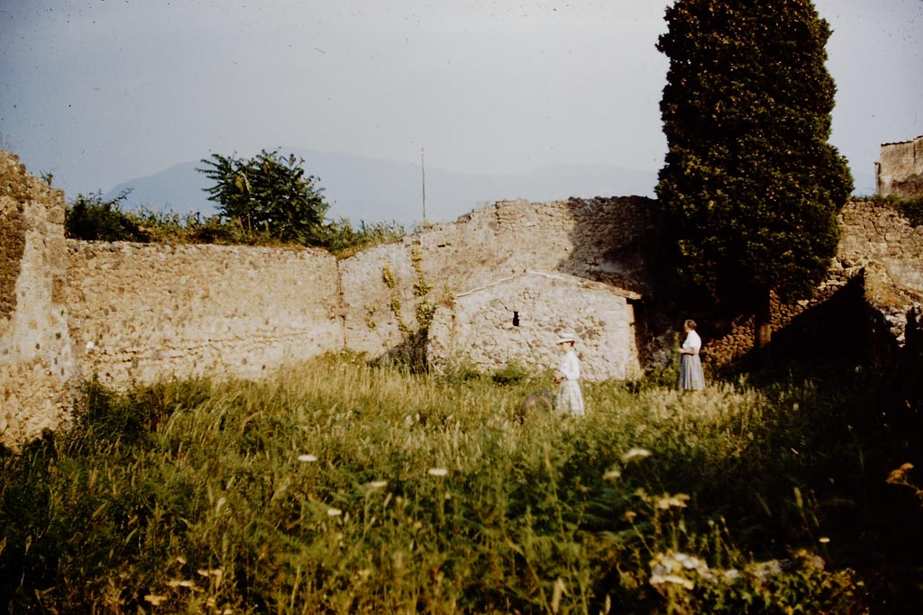 IX.9.6 Pompeii.  May 2006. West wall of portico, with lararium niche.