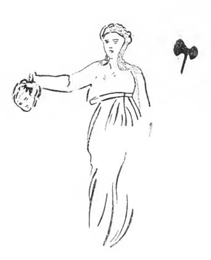 IX.9.11 Pompeii. 1890 drawing of part of the lararium painting, room 6, garden area. Agave holds the head of Pentheus in her outstretched right hand. To her left is an axe. See Bullettino dellInstituto di Corrispondenza Archeologica (DAIR), 1890, p. 251.