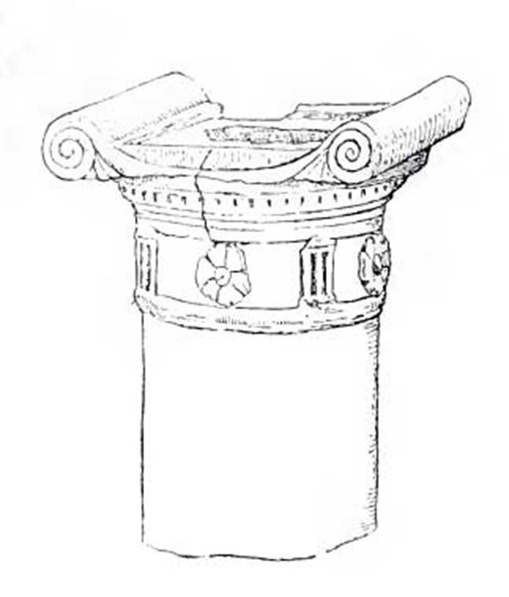 IX.9.11 Pompeii. Room 6, garden area, south west corner, under the lararium painting. Drawing of small cylindrical terracotta altar, the top of which showed signs of burning. See Bullettino dellInstituto di Corrispondenza Archeologica (DAIR), 1890, p. 251.