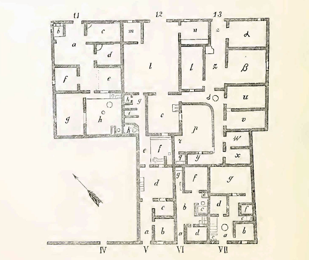 IX.9.11, 12 and 13 Pompeii. Plan of insula IX.9, as seen in Notizie degli Scavi, 1891. 
The lower numbers on the plan can be identified (on our website) as –
IV  = IX.9.d
V   = IX.9.e
VI  = IX.9.f
VII = IX.9.g
See Notizie degli Scavi di Antichità, 1891 (p.254).
