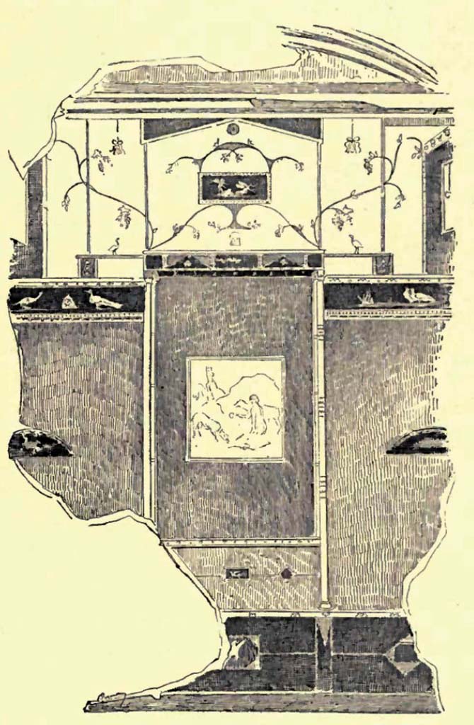 IX.9.c Pompeii. Pre-1896. Painting by Niccolini showing west wall of cubiculum.
See Niccolini F, 1896. Le case ed i monumenti di Pompei: Volume Quarto. Napoli. Nuovi Scavi, described on p.37, Tav. IV.

