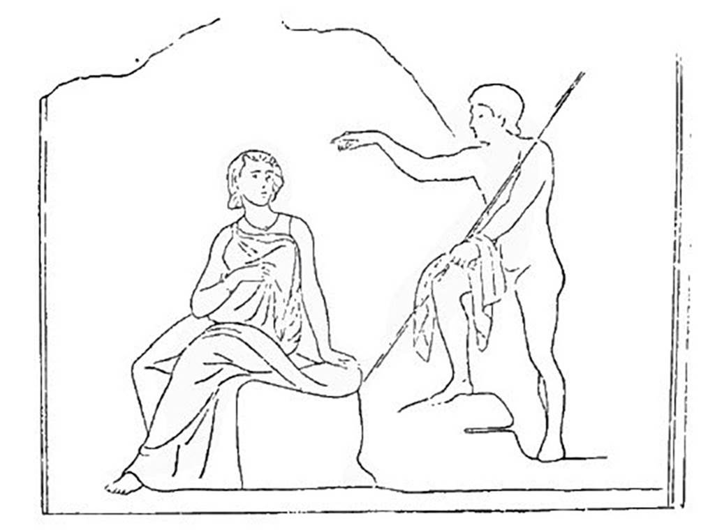 IX.9.d Pompeii. Sketch of painting of Io and Argo, found on the entrance wall in the triclinium l.
See Mau, A., 1890. Mitteilungen des Kaiserlich Deutschen Archaeologischen Instituts, Roemische Abtheilung Volume V. (p. 234). 
Note: The insula is referred to as IX.7.
