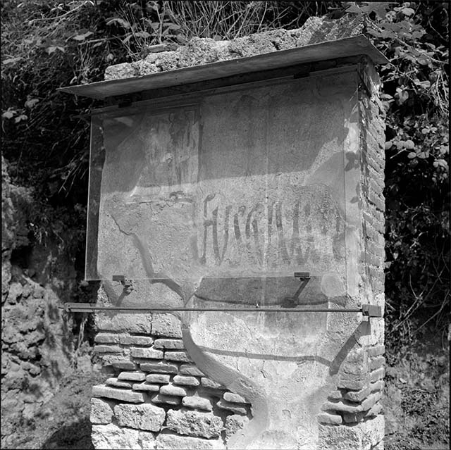 IX.11.7 Pompeii. Graffiti and painting on front pilaster between IX.11.7 and IX.11.8, c.1974.
DAIR 74.394. Photo © Deutsches Archäologisches Institut, Abteilung Rom, Arkiv. 
