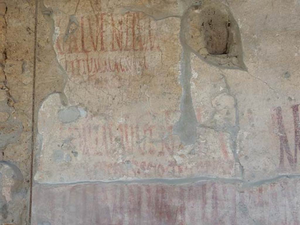 IX.12.7 Pompeii. May 2017. Detail of graffiti on west side of panel between IX.12.6 and IX.12.7.  Photo courtesy of Buzz Ferebee.
