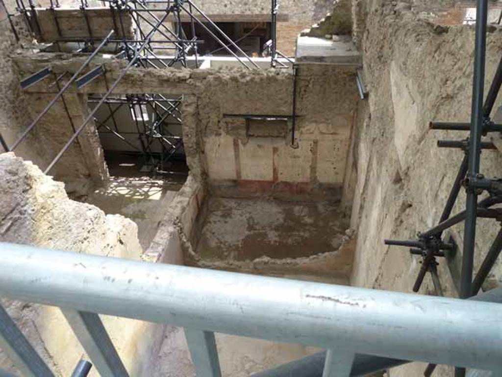 IX.12.7 Pompeii. May 2010. The street entrance to IX.12.7 is on the left hand side.   Looking south from above room 8 in IX.12.6.
