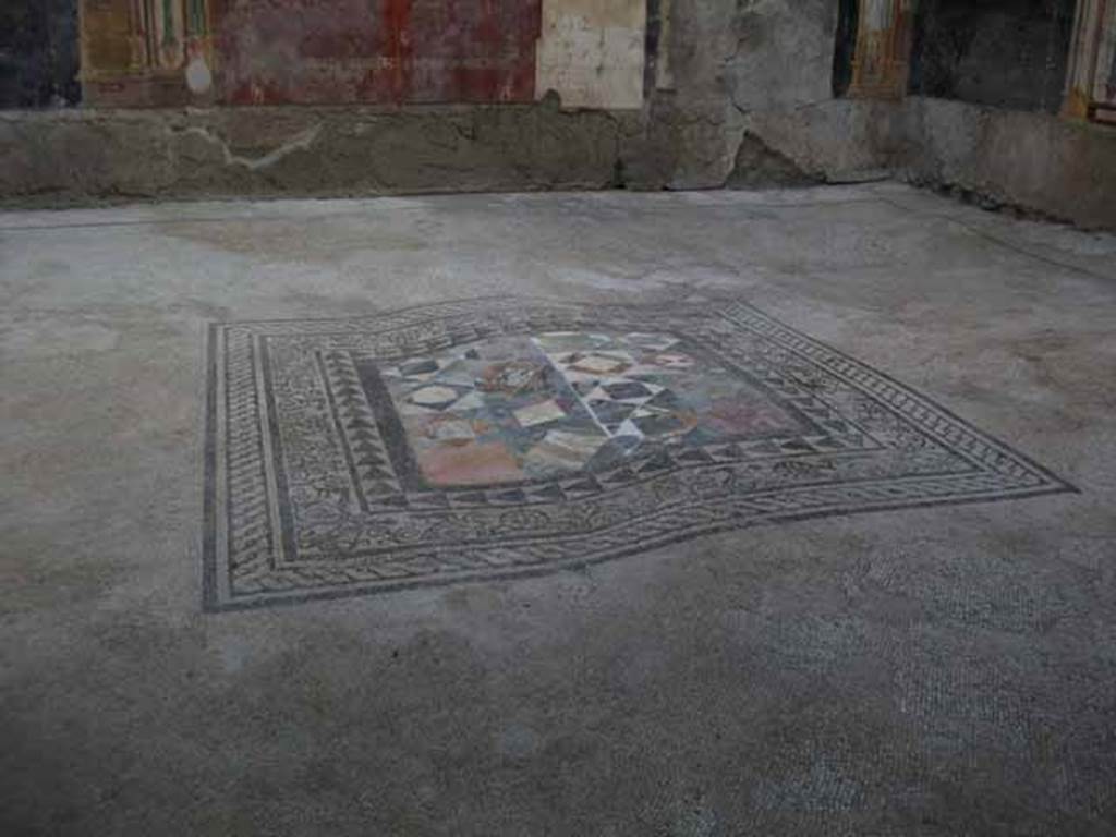 IX.12.9 Pompeii. May 2010. Room 16, distorted emblema in centre of mosaic floor.