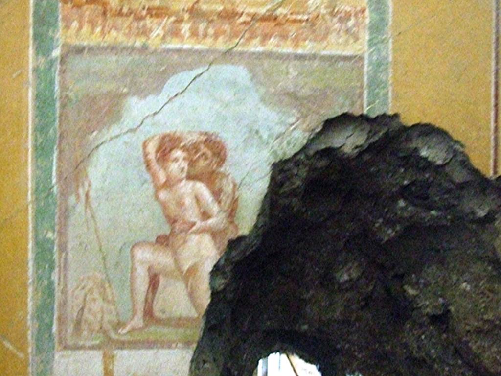 IX.12.9 Pompeii. March 2009. Room12, west wall. Central painting of maenad and satyr.  See Varone, A., 2001. Eroticism in Pompeii, Rome: L’erma di Bretschneider, p.65, fig 61. 

