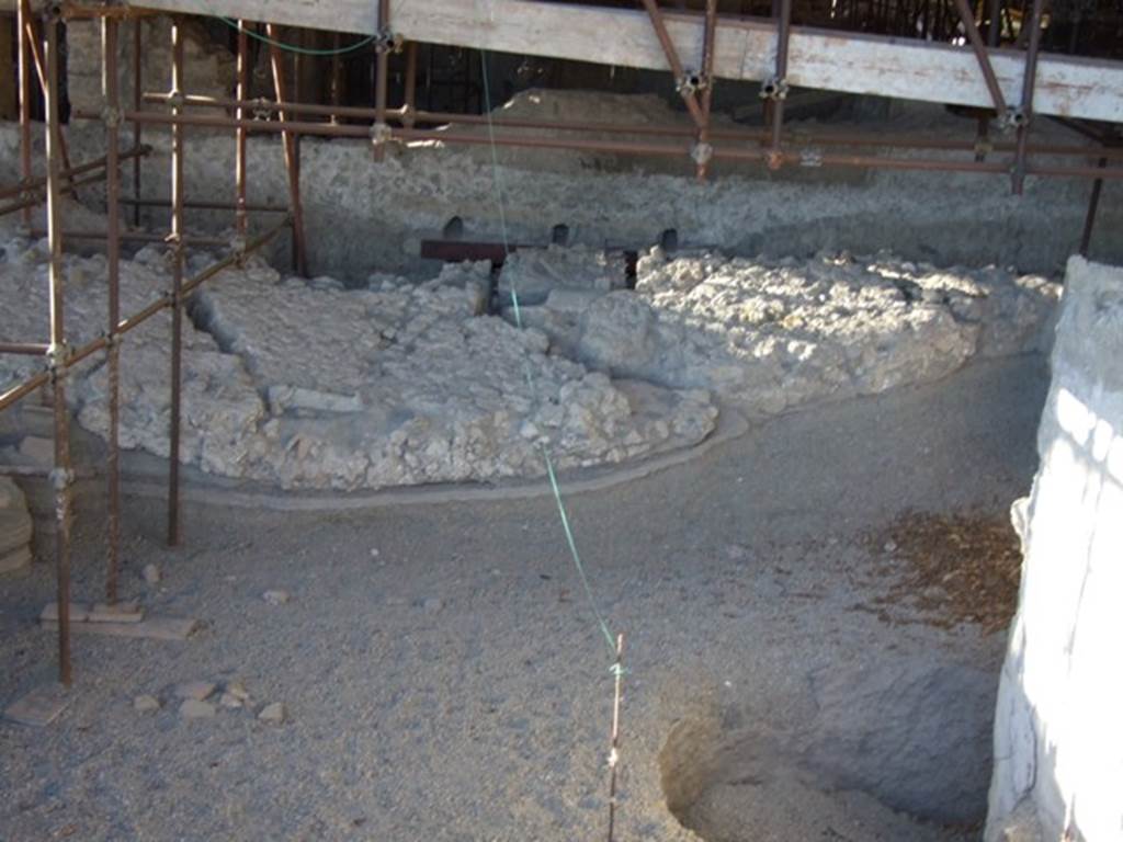 IX.12.A/IX.12.9 Pompeii. March 2009. Looking north across room 10. 
Insula under excavation, showing the collapsed upper storey wall shaken from its base. 
