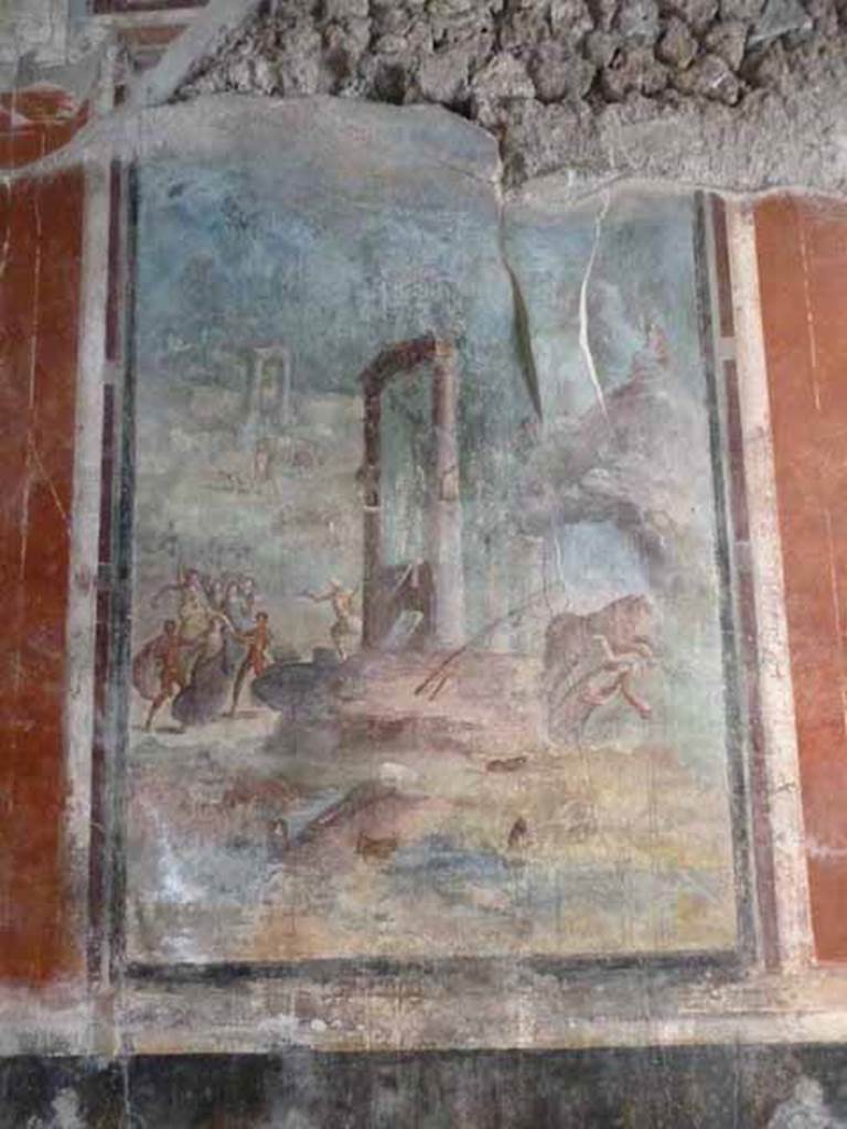 IX.13.1-3 Pompeii. May 2010. East wall, wall painting of Punishment of Dirce.