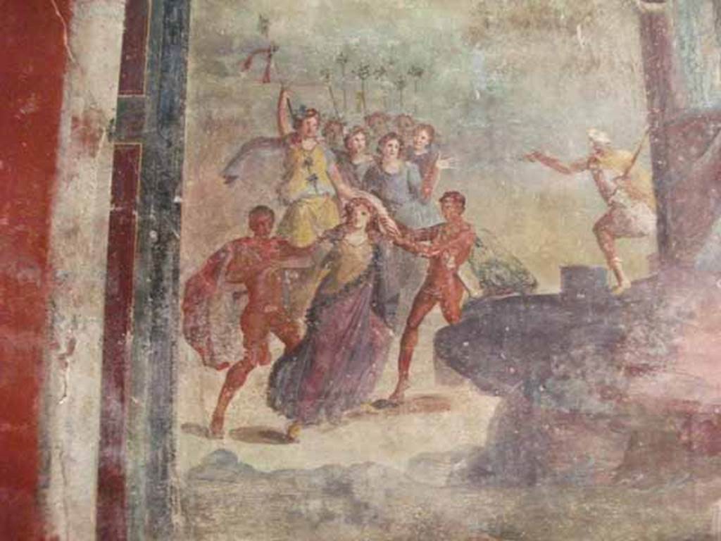 IX.13.1-3 Pompeii. May 2010.  Room 13, detail from wall painting of Punishment of Dirce.