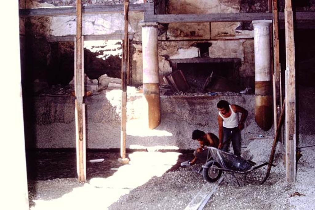 IX.13.1-3 Pompeii, 1973. Careful examinations in north-east corner of peristyle area.
Photo by Stanley A. Jashemski. 
Source: The Wilhelmina and Stanley A. Jashemski archive in the University of Maryland Library, Special Collections (See collection page) and made available under the Creative Commons Attribution-Non Commercial License v.4. See Licence and use details. J73f0301

