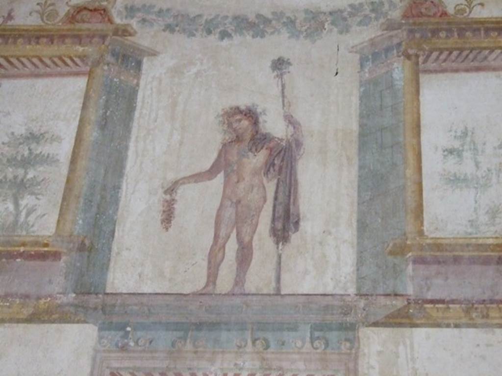 IX.13.1-3 Pompeii. March 2009. Room 11, west wall. Painted figure with staff and bunch of grapes.
Kuivalainen comments –
“An almost naked young Bacchus with several attributes, such as the grapes and a thyrsus. 
Grapes seem to be an even more favoured attribute of Bacchus than previously thought”. (Note 387 – e.g. Michel 1990, 77, presents four cases. See Kuivalainen’s Concluding  Remarks.)
See Kuivalainen, I., 2021. The Portrayal of Pompeian Bacchus. Commentationes Humanarum Litterarum 140. Helsinki: Finnish Society of Sciences and Letters, (p.98, B7).


