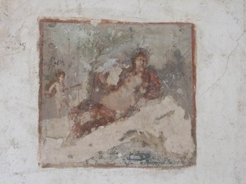 IX.13.1-3 Pompeii. March 2009. Room 11, west wall. Wall painting of Eros and Hermaphrodite. 