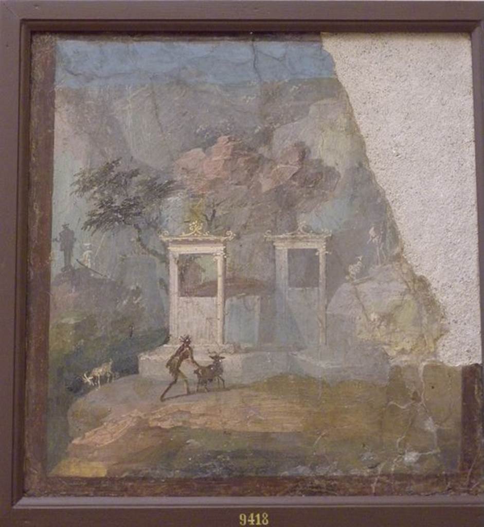 HGW06 Pompeii.   Found on 21st December 1748.  Wall painting of country scene with temple edifice, man and animal.  The painting is usually called The Lost Ram. Now in Naples Archaeological Museum.  Inventory number 9418. See Helbig, W., 1868. Wandgemälde der vom Vesuv verschütteten Städte Campaniens. Leipzig: Breitkopf und Härtel. (1564).