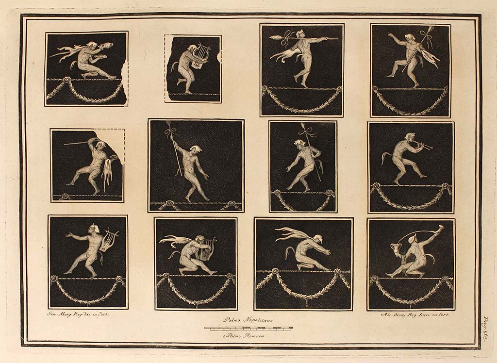 HGW06 Pompeii. Villa of Cicero, Pompeii. 1762 drawings of twelve acrobatic satyrs now in Naples Museum.
Top row: MANN 9118, 9118, 9118, 9118.
Middle row: 9118, 9119, 9119, 9119.
Bottom row:  9119, 9119, 9121, 9121.
See Antichità di Ercolano: Tomo Terzo: Le Pitture 3, 1762, Tav. XXXIII, p. 165.


