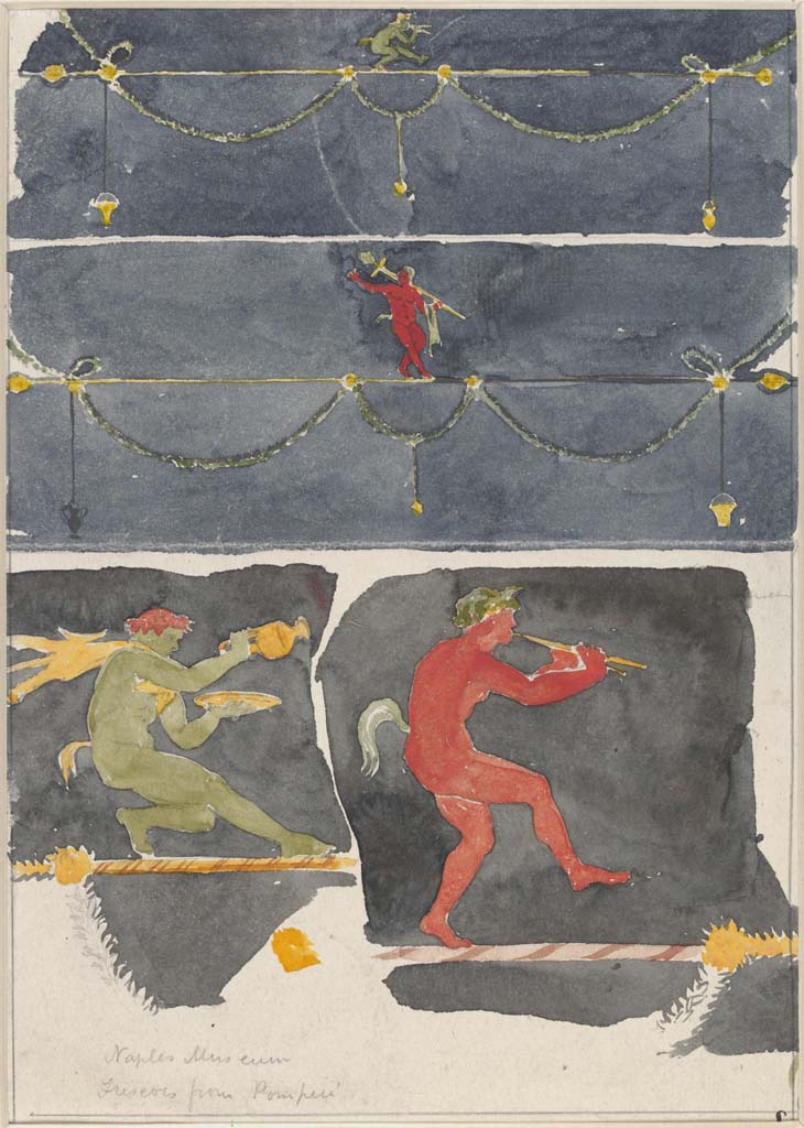 HGW06 Pompeii. c.1870’s. Painting by Sydney Vacher of fragments depicting satyrs on a tightrope painted in the Naples Museum. 
Photo © Victoria and Albert Museum, inventory number E.4438-1910. 
Top is from MANN 9163
Below it is from MANN 9164.
Bottom left is from MANN 9118 and right from MANN 9119.
