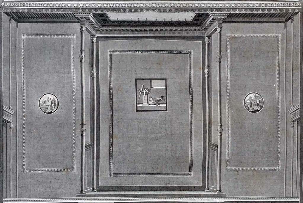 HGW24 Pompeii. Detail of middle section of east wall of triclinium, drawn by Giuseppe Chiantarelli (1793). Engraved by Giuseppe Guerra.
See Gli Ornati delle Pareti ed I Pavimenti delle Stanze dell’Antica Pompei, 1838, (No.13).
(Villa Diomedes Project – area 54).
(Fontaine, room 5,7).

