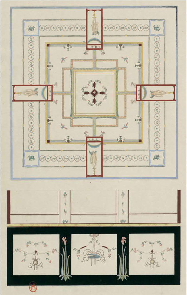 HGW24 Pompeii. Undated painting by Raoul Rochette, of ceiling and zoccolo/dado of an unknown room.
This may possibly be from room k?
