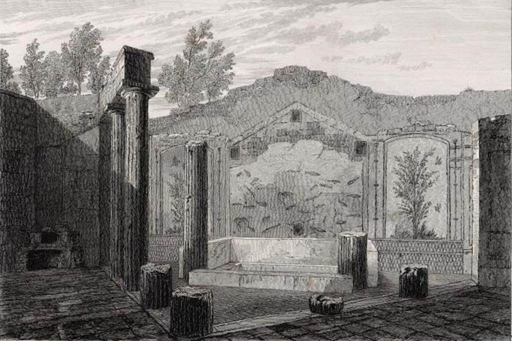 HGW24 Pompeii. 1817. Drawing of baths complex. 
On the original print it says “Drawn by Major Cockburn and engraved by W. B. Cooke, on July 1, 1826.”
Cockburn visited Pompeii in 1816, 1817 and 1818.
Delineations of the City of Pompeii; Engraved by W. B. Cooke from accurate drawings made in the year 1817 by Major Cockburn of the Royal Artillery was published in 1818. A second edition "Pompeii illistrated" was produced in 1827.
Photo courtesy of Rick Bauer.
According to Jashemski, above the pool for cool baths was a painting of blue water filled with sea animals.
On each side of the painting there was a painting of a window looking into a garden.
Jashemski quoted Dyer as saying that the circular broken space in the middle of the wall would have been where a mask was attached.
Through the mask, the water would have gushed into the pool below.
Both the courtyard and portico floor were paved with black and white mosaic.
See Jashemski, W. F., 1993. The Gardens of Pompeii, Volume II: Appendices. New York: Caratzas. (p.280)
See Dyer, T., 1868. Pompeii: its history. Buildings and antiquities. London: Bell & Dandy.  (p.486).

