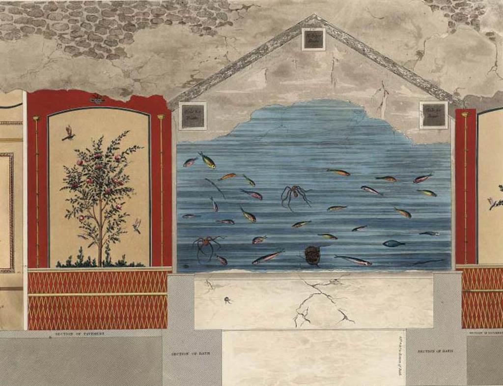 HGW24 Pompeii. 1826 painting of baths wall “with the paintings on the walls when first discovered accurately coloured from memoranda, taken on the spot in the year 1818”. See Cooke, Cockburn and Donaldson, 1827. Pompeii Illustrated: Vol. II. London: Cooke. (pl. 46). Photo courtesy of Rick Bauer.