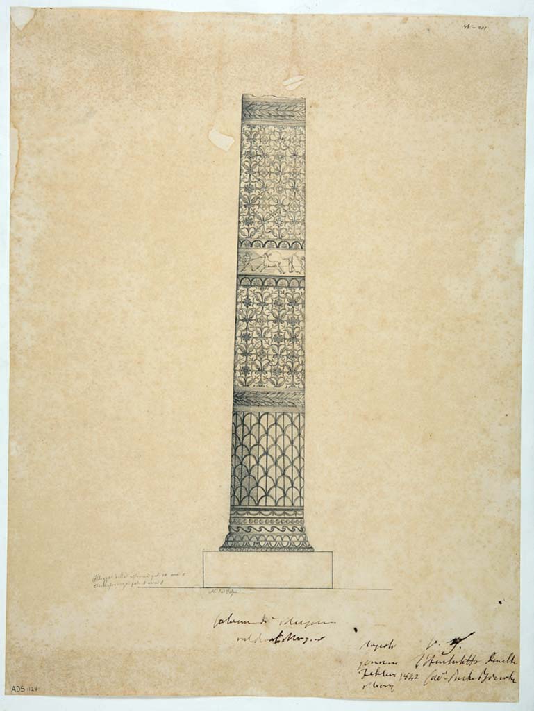 HGE12 Villa of the Mosaic Columns. 1842 drawing by N. La Volpe of the frieze on one of the mosaic columns.
According to the ICCD database, the drawing depicts a column decorated with mosaic motifs with scales in the lower third, a headband with garland of leaves, floral motifs in the middle third, and a frieze with cupids hunting, and floral motifs in the upper third topped with a headband of a garland of leaves. It is one of the mosaic columns coming from the Villa of the mosaic columns of Pompeii, now preserved in the National Archaeological Museum of Naples (Inventory numbers. 9995-9996, 10000-10001).
Drawing now in Naples Archaeological Museum. Inventory number ADS1124.
Photo © ICCD. http://www.catalogo.beniculturali.it
Utilizzabili alle condizioni della licenza Attribuzione - Non commerciale - Condividi allo stesso modo 2.5 Italia (CC BY-NC-SA 2.5 IT)
