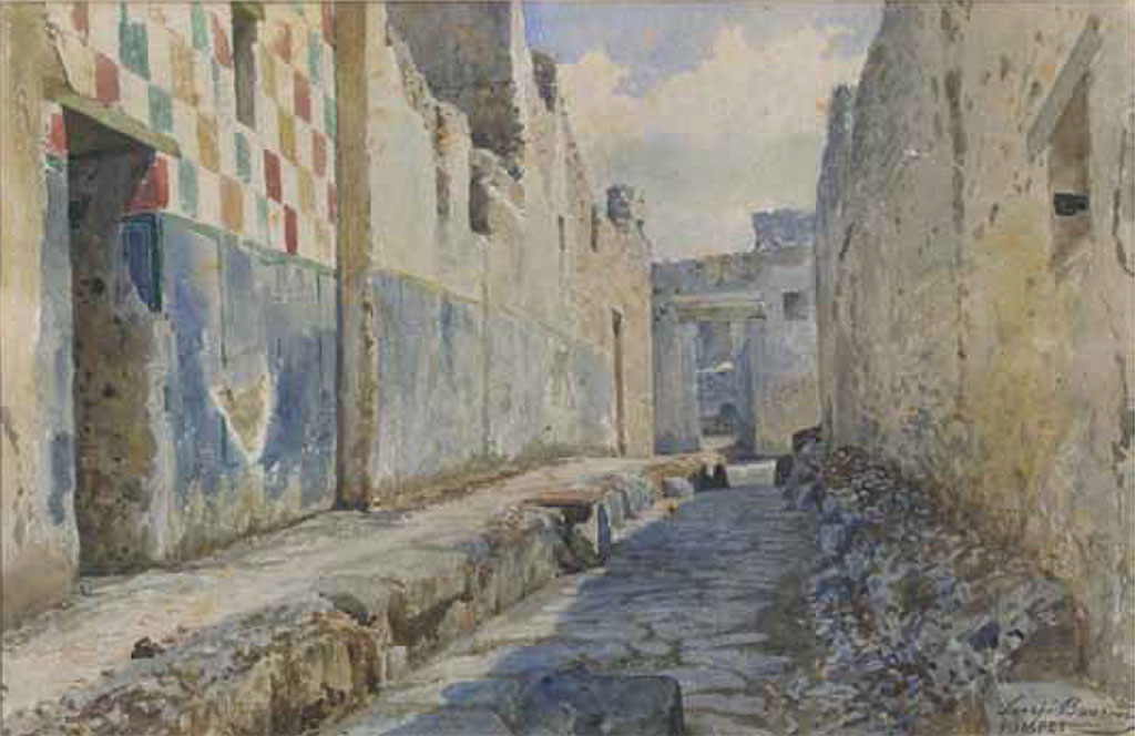 Unnamed vicolo between IX.5 and IX.6, showing south side of IX.5 on left, and doorways to IX.5.17 and IX.5.16.
Watercolour by Luigi Bazzani, Vicolo a Sud dell’Insula IX 5.
Now in Naples Archaeological Museum. Inventory number 139477.