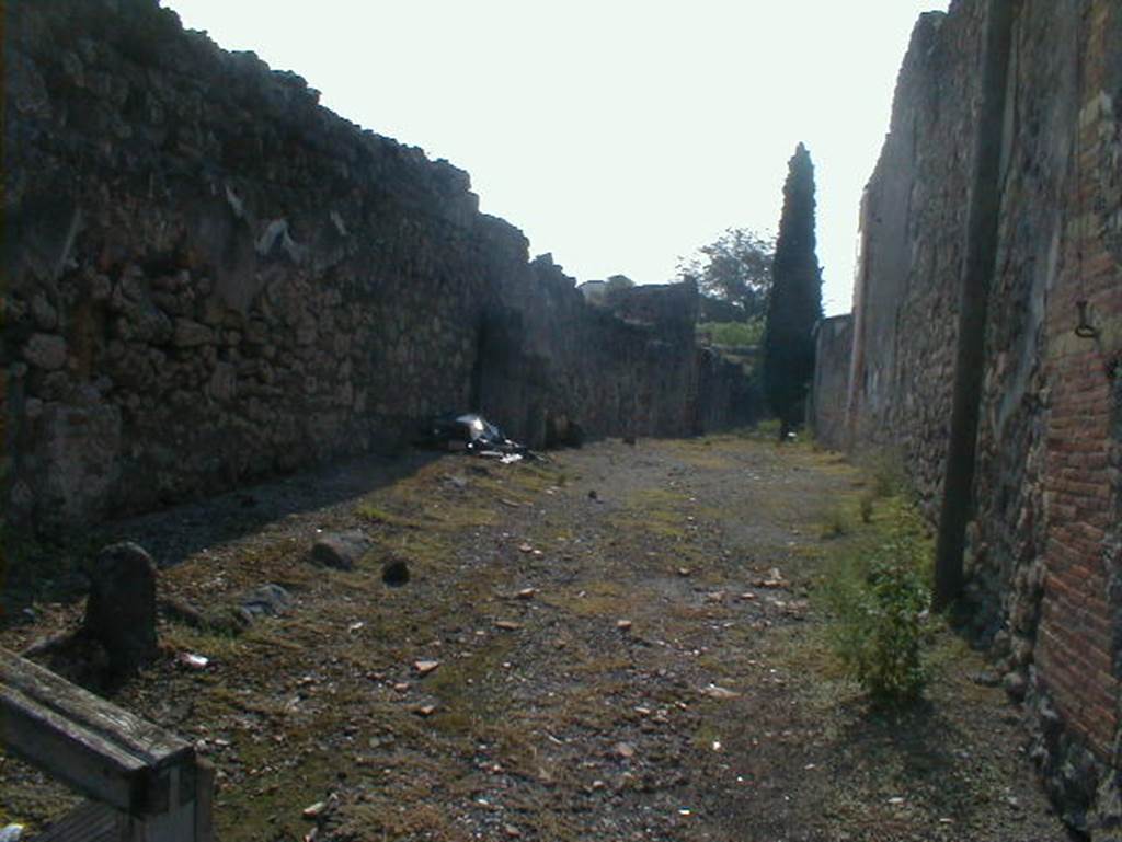 Unnamed vicolo between IX.9 and IX.8. IX.9 on left. May 2005. Roadway looking south. Side wall of IX.8.7, on right.