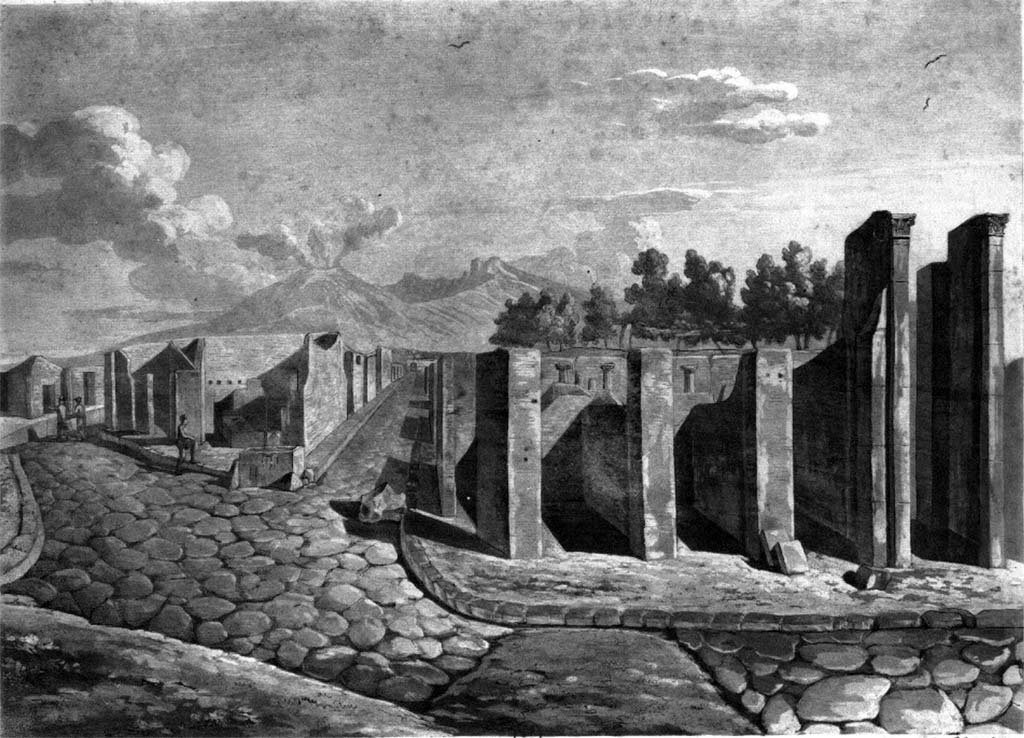 Via Consolare, on left. c.1819. Looking north from Via delle Terme towards junction. 
The entrance corridor to VI.6.1, House of Pansa, is on the right.
See Wilkins H., 1819. Suite de Vues Pittoresques des Ruines de Pompei, Rome, (p.14 et Pl. XIV).


