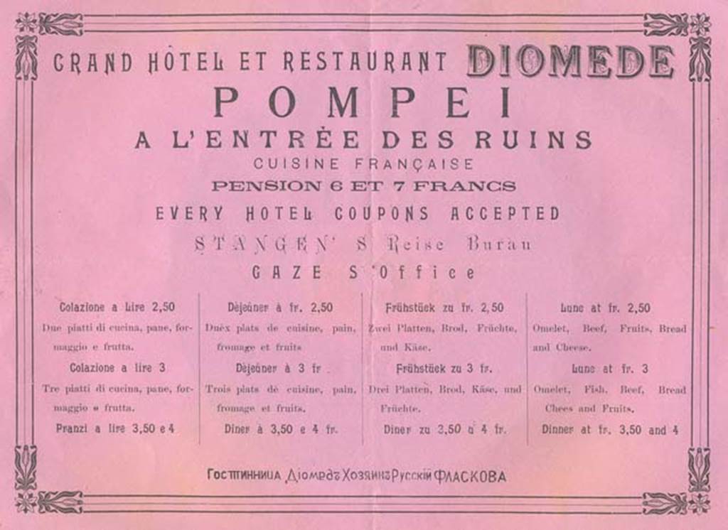 Diomede Hotel, Pompeii. Advertisement dated c.1900’s. Photo courtesy of Rick Bauer.