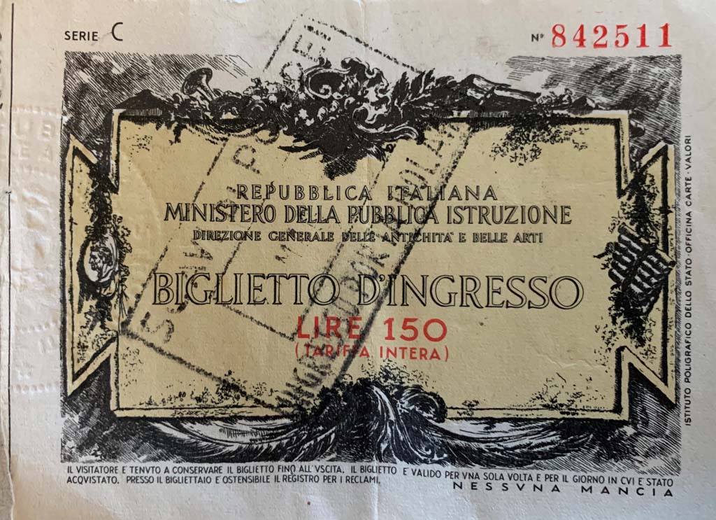 Pompeii, “Series C” ticket, (150 lire), dated 27th May 1972. Photo courtesy of Rick Bauer.
