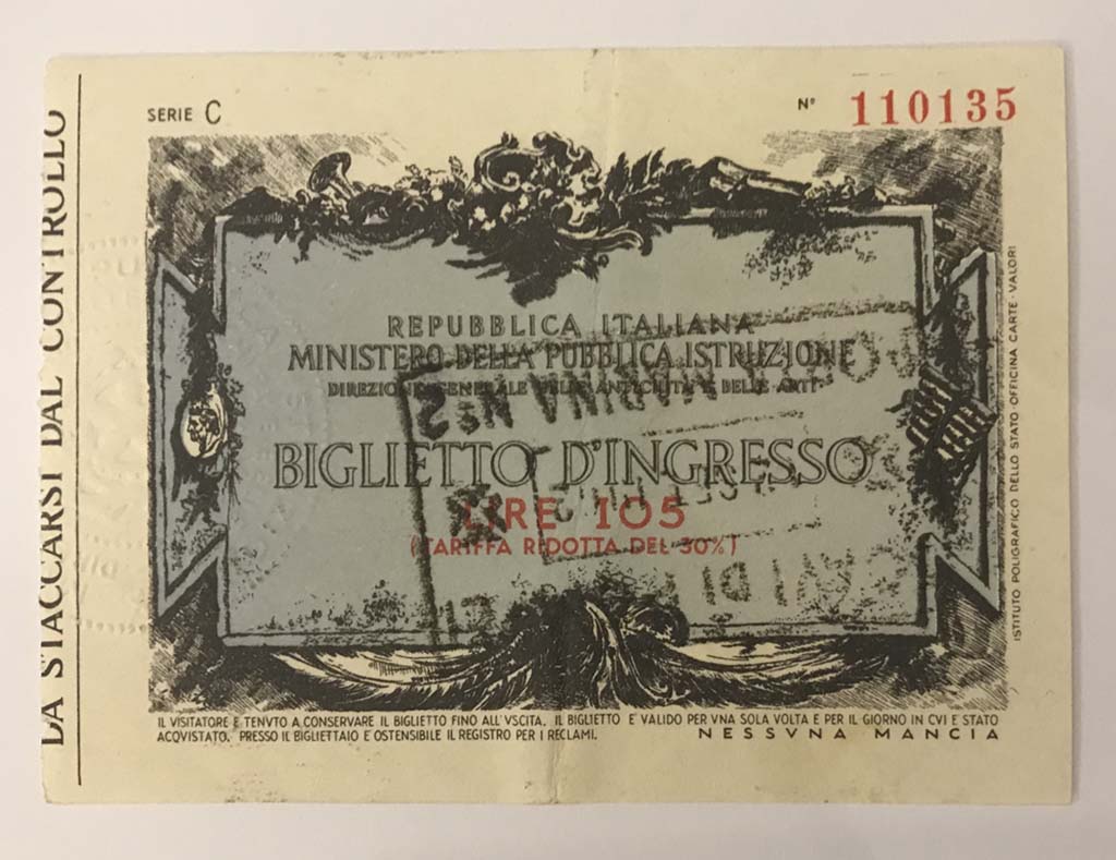 Pompeii. "Series C" ticket (Lira 105) dated 12 Sep 1962. Photo courtesy of Rick Bauer.