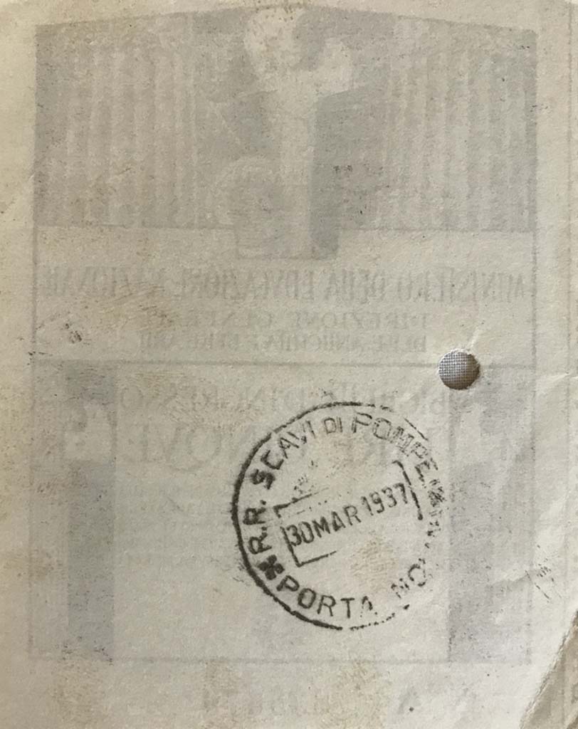 Pompeii, 30 March 1937 Porta Nola ticket. Rear of ticket.
Photo courtesy of Rick Bauer.  
