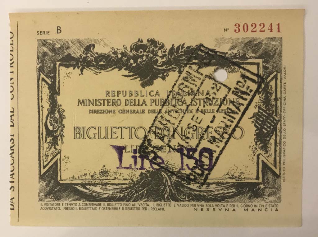 Pompeii. A "Serie B" ticket dated 18 Sep 1932, printed as Lire 100 but over-stamped as Lire 150. 