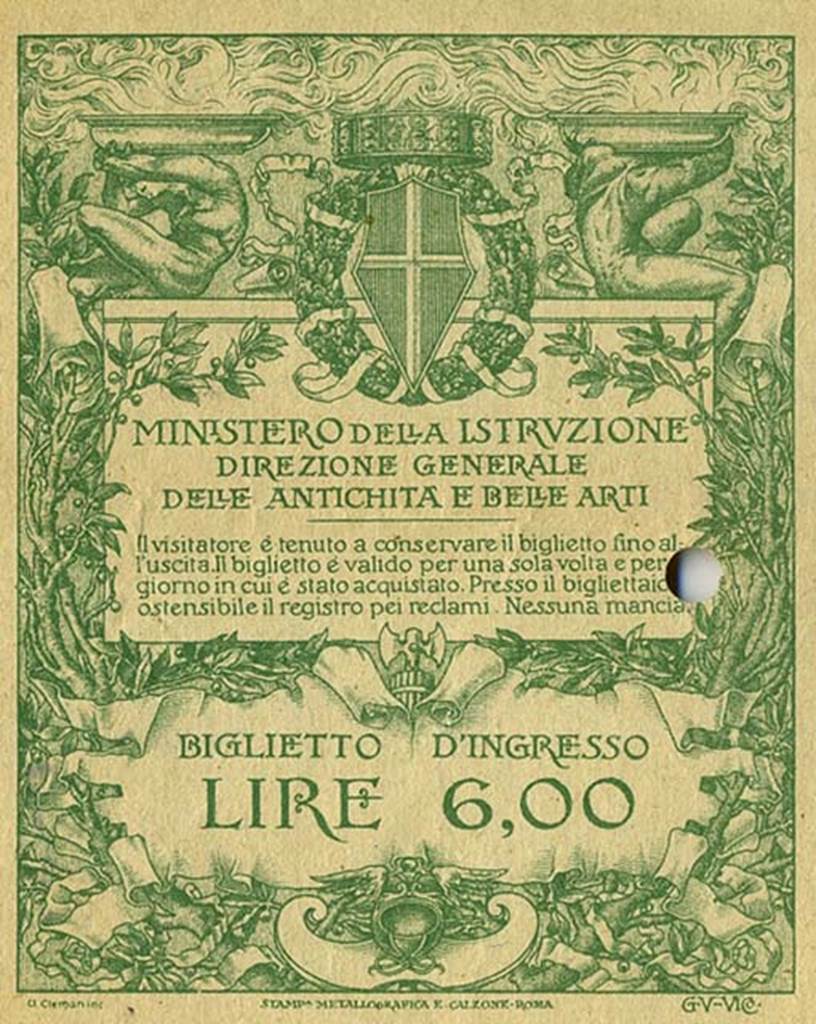 Pompeii entrance ticket dated 5 Aug 1924 on the rear. 
Entry fee was 6 Lire, a significant increase from the 2.50 Lire of the 1920 ticket.
Photo courtesy of Rick Bauer.
