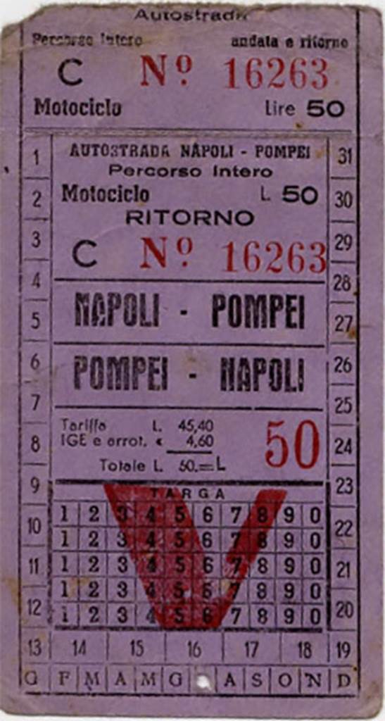 Autostrada Napoli - Pompei return ticket for a motorcycle dated July 1952. 
The cost was 50 Lire, of which 4.6 Lire was IGE.
The “Imposta Generale sulle Entrate” or “general tax on revenue” was introduced in 1940 and superseded by VAT in 1973.
