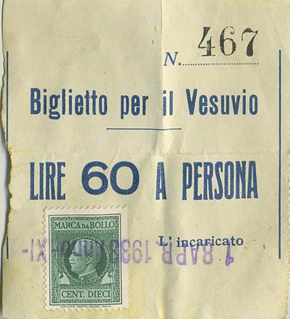 1938 ticket for Vesuvius. Photo courtesy of Rick Bauer.

