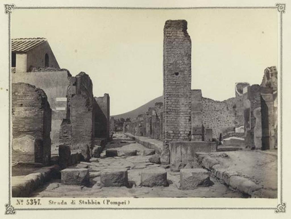 Via Stabiana, Pompeii. Album dated January 1874. Looking north towards Holconius’ crossroads, from between VIII.4 and I.4.  Photo courtesy of Rick Bauer.
