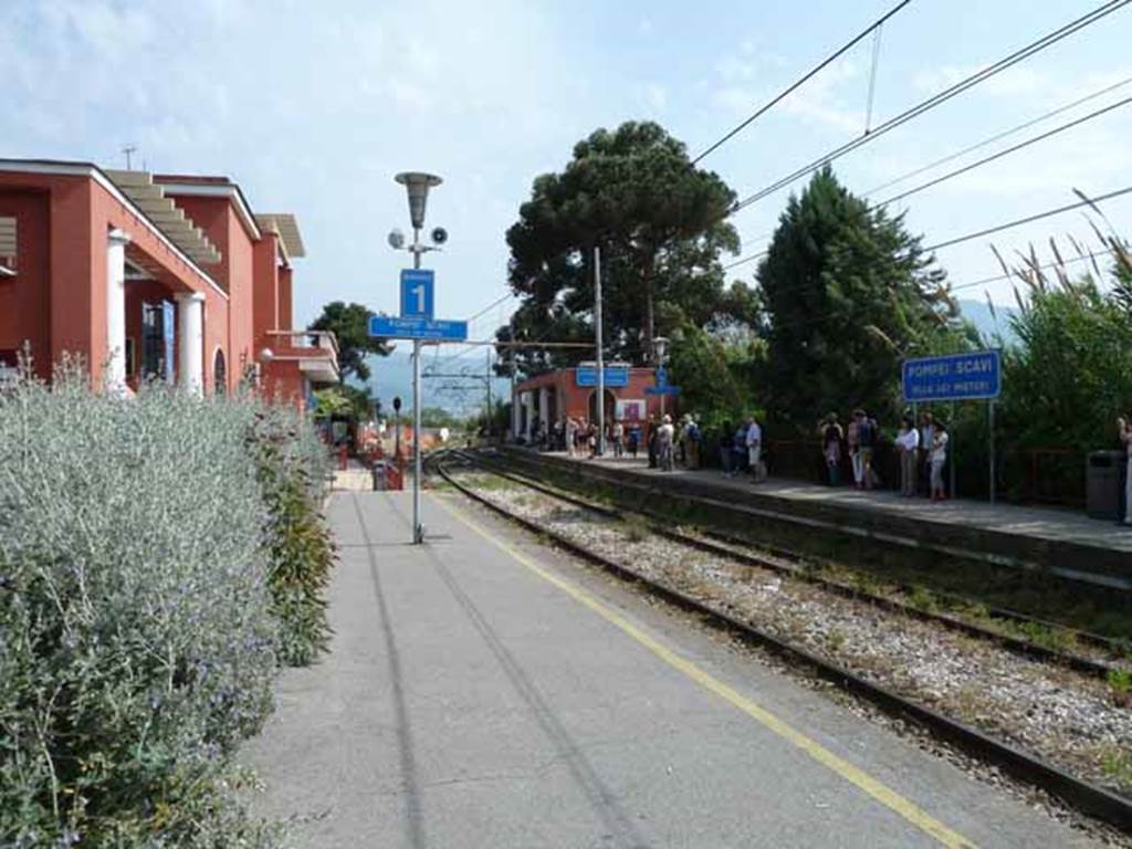 Pompeii station, May 2010. Looking south from platform 1, towards Castellammare and Sorrento. The platform is entered from the far side of  the entrance hall of the station.