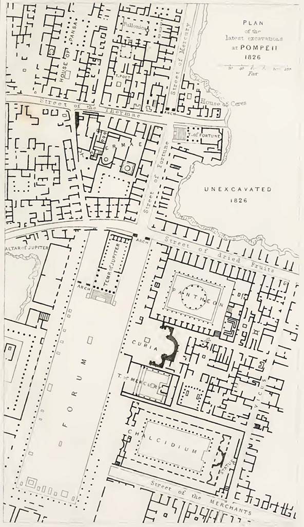 Via degli Augustali. 1832. Plan by Gell entitled “Plan of the latest excavations at Pompeii, 1826”. 
According to Gell – 
“The original name for the Via degli Augustali would have been Strada dei frutti secchi (Street of dried fruits).
This was named after an inscription on a shop showing that dried fruits were sold in it.”
See Gell, W, 1832. Pompeiana: Vol 1. London: Jennings and Chaplin, pl. 2 and p. 38-39.
