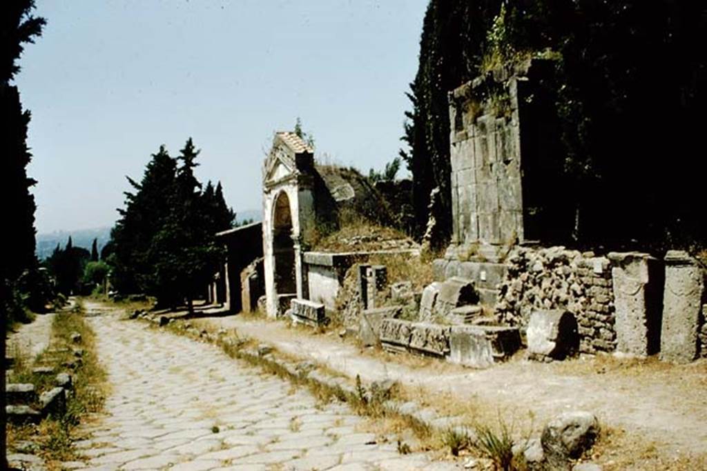 Via dei Sepolcri, Pompeii. 1957. Looking north along the east side. Photo by Stanley A. Jashemski.
Source: The Wilhelmina and Stanley A. Jashemski archive in the University of Maryland Library, Special Collections (See collection page) and made available under the Creative Commons Attribution-Non Commercial License v.4. See Licence and use details.
J57f0397
