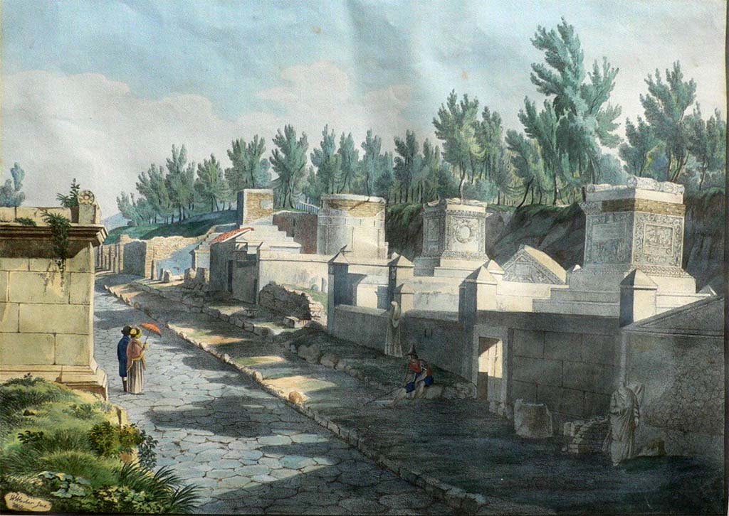 Via dei Sepolcri. Pre-1824 painting “Rue des Tombeaux” after/by Jakob Wilhelm Huber showing tombs and Via dei Sepolcri.