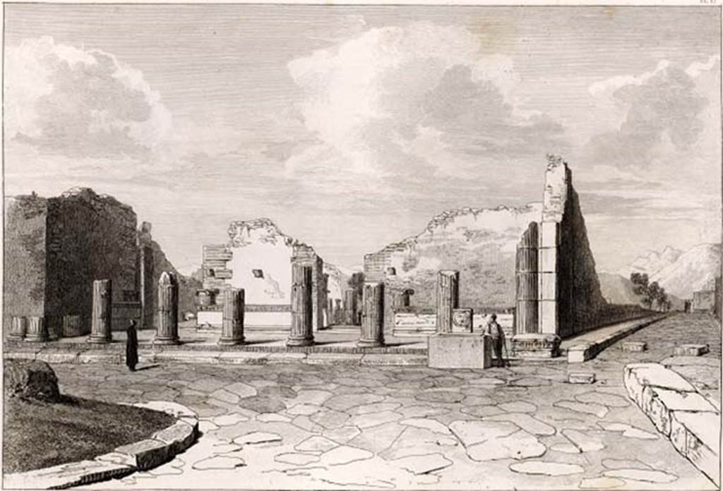 Via dei Teatri. 1819 drawing entitled “Portico to the Greek Temple”. The continuation of the Via dei Teatri is on the right.
See Cooke, Cockburn and Donaldson, 1827. Pompeii Illustrated: Vol. I. London: Cooke, p. 42, pl. 12.
